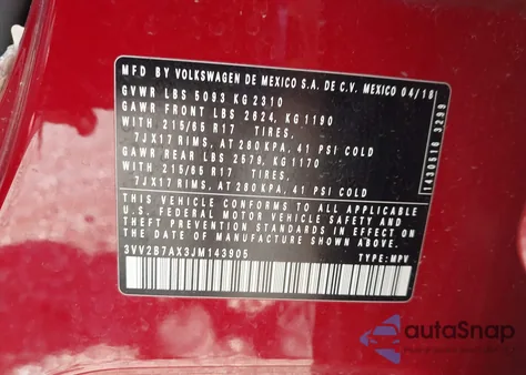 2018 Volkswagen Tiguan 2.0T Se/2.0T Sel z USA, uszkodzony, nr VIN 3VV2B7AX3JM143905